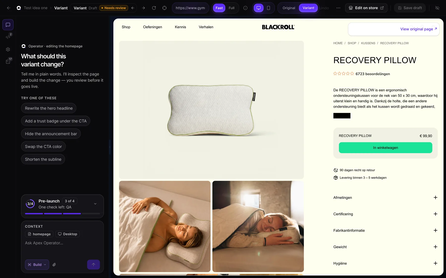 Apex Operator editing a product page: chat on the left, the live shop on the right